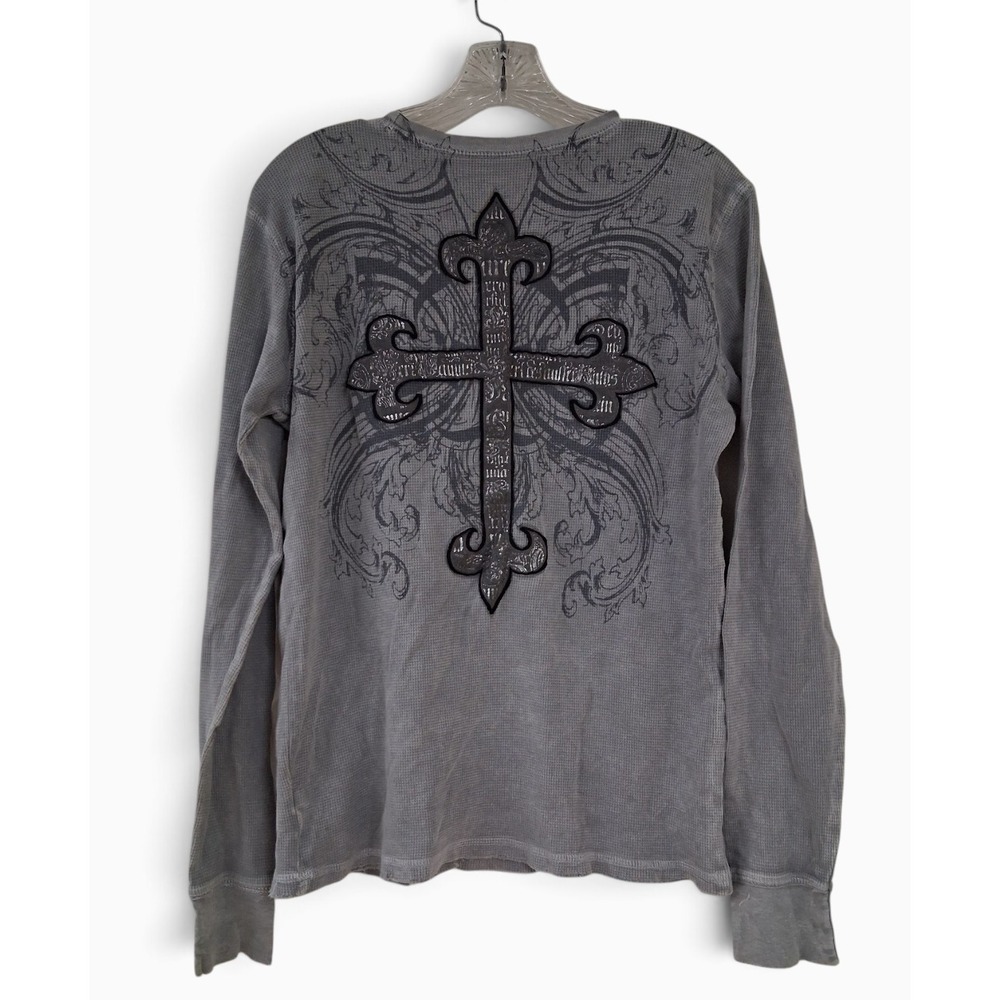 Affliction Thermal Shirt Mens L Gray Eagle Cross Graphic‎ Long Sleeve Y2K USA